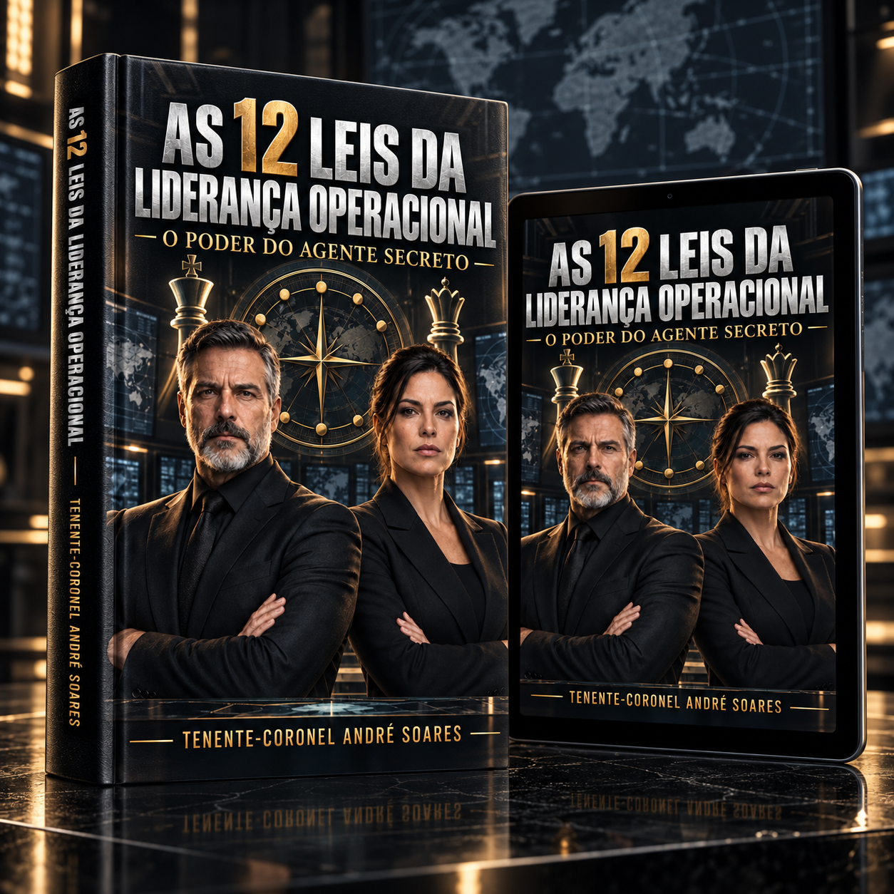 Mockup do livro impresso e do eBook As 12 Leis da Liderança Operacional